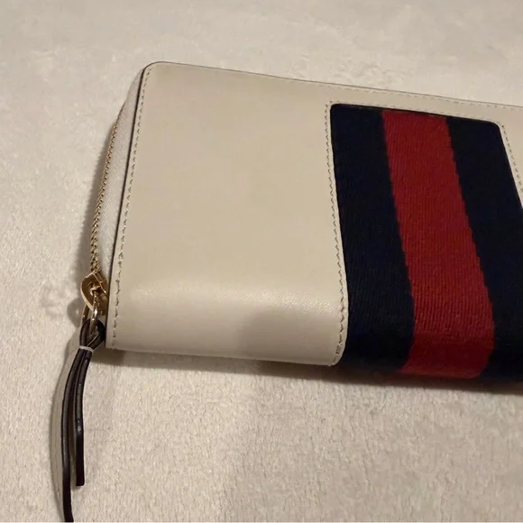 Gucci Sylvie Floral Embroidered Zip Around Wallet Ivory Leather Web Stripe - Picture 4 of 13